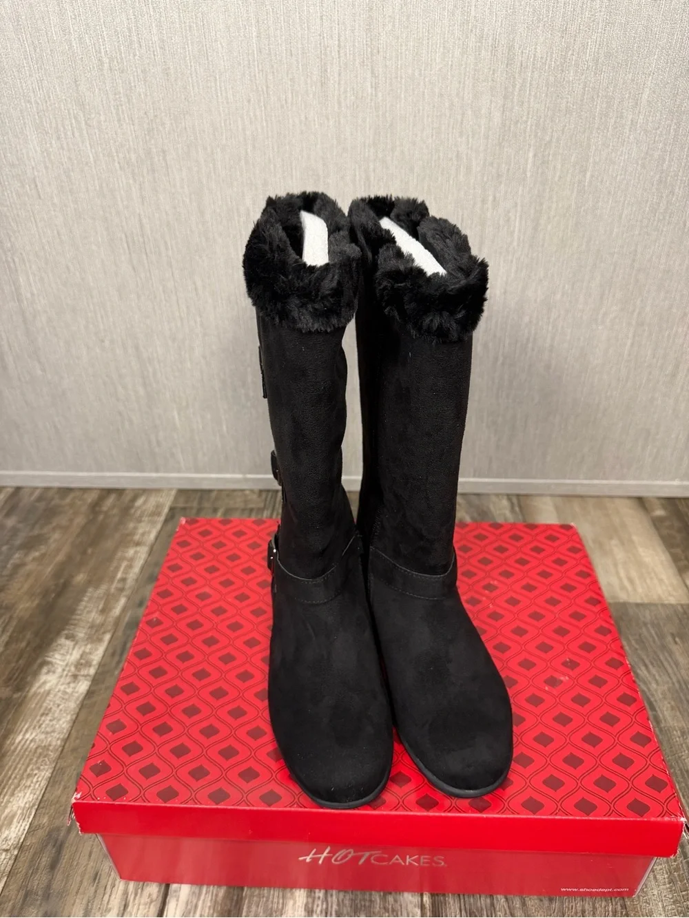 Hot Cakes Kids Black Faux Fur Buckle Zip Rain & Snow Boots Size 3.5